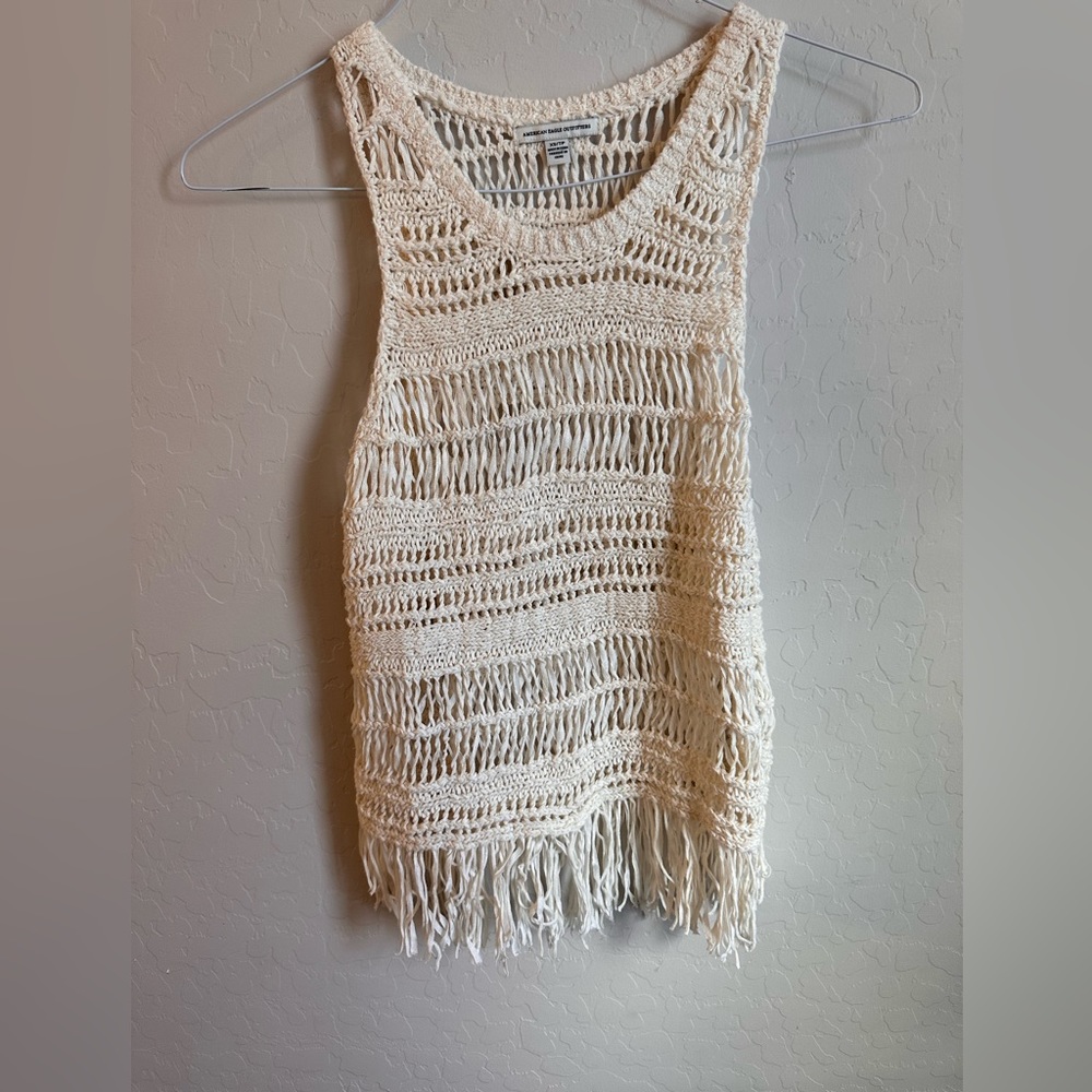 American eagle crochet sleeveless unlined top with fringe hem (xs)